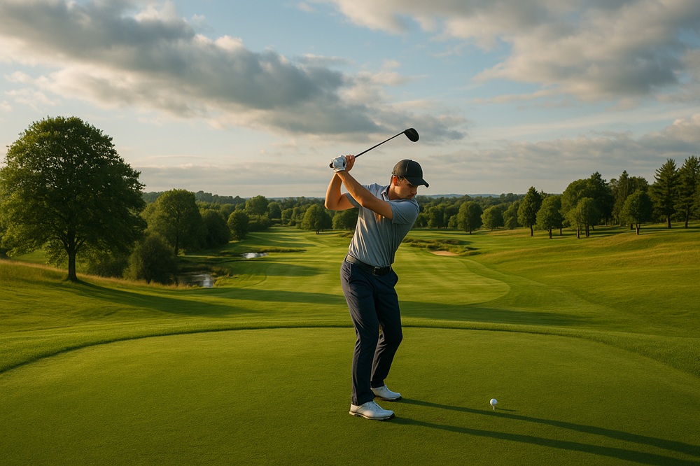 A male golfer mid-swing while driving off the tee on a UK golf course at sunset