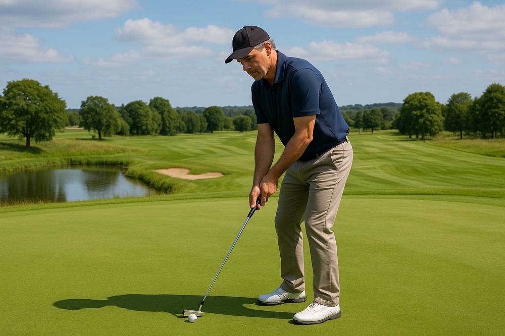 A focused male golfer practising putting on a UK golf course green with natural landscaping